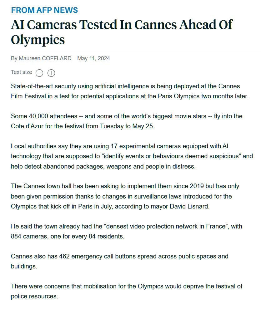 巴黎奥运安保铺路-摄像头-AI-戛纳电影节将部署可识别可疑行为的